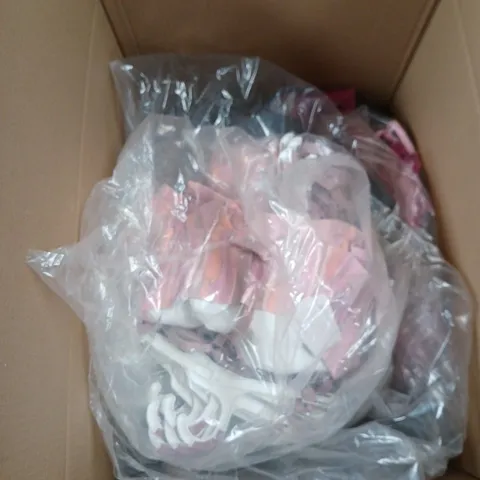 BOX OF APPROXIMATELY 40 ASSORTED CLOTHING ITEMS IN VARIOUS STYLES , COLOURS AND SIZES