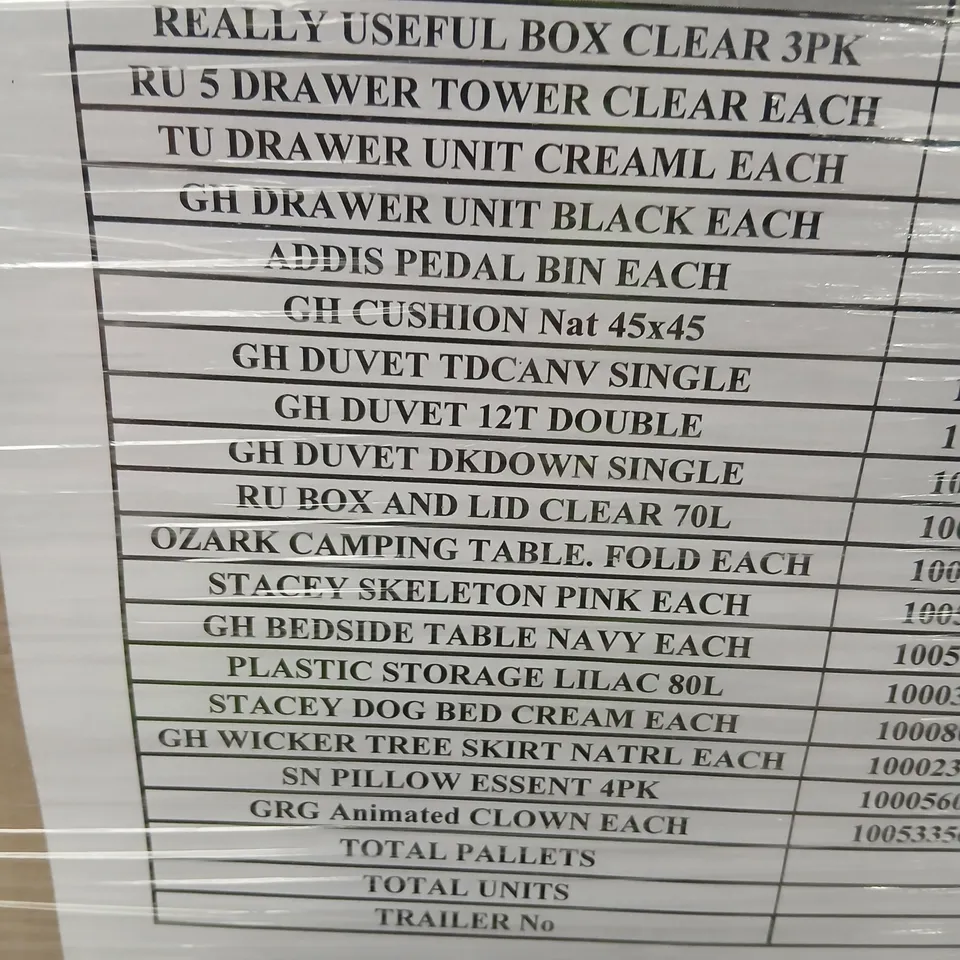 PALLET OF APPROXIMATELY 18 ASSORTED PRODUCTS TO INCLUDE; REALLY USEFUL BOX, 5 DRAWER TOWER, ADDIS PEDAL BIN, DUVET, WICKER TREE SKIRT, ANIMATED CLOWN, STACEY DOG BED