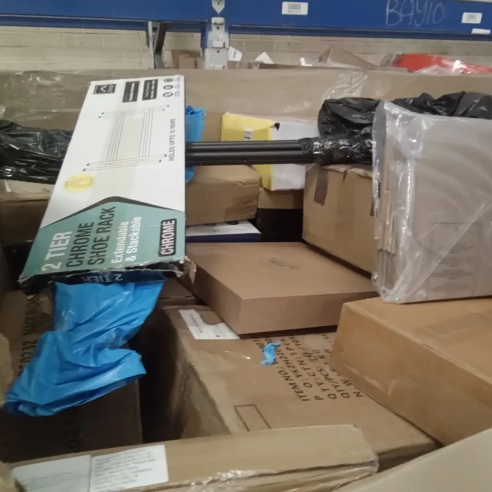 PALLET OF ASSORTED ITEMS INCLUDING  SANUS ADJUSTABLE HEIGHT SPEAKER STANDS, REDFIT GREENHOUSE, RETRACTABLE SAFETY GATE, ACCSTORE NON-WOVEN FABRIC WARDROBE, 2 TIER CHROME SHOE RACK, HEATED BLANKET 