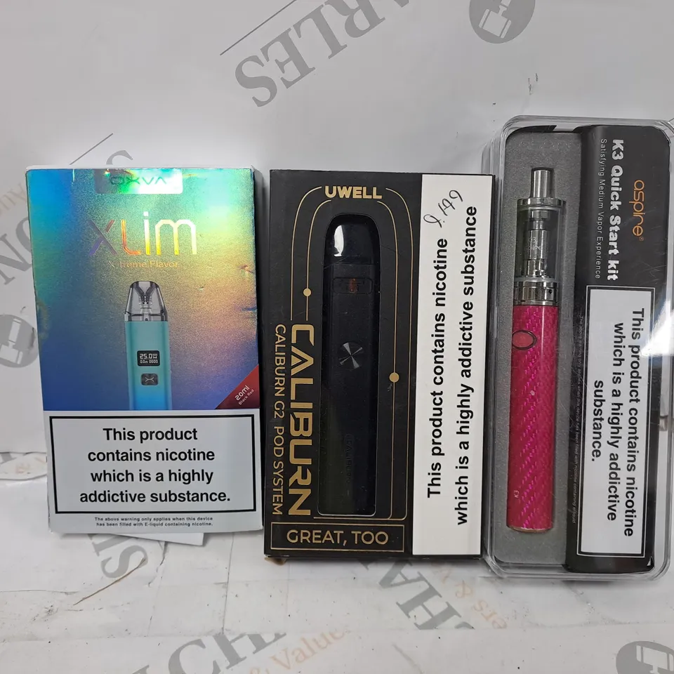 APPROXIMATELY 20 VAPES & E-CIGARETTES TO INCLUDE - ASPIRE K3 - UWELL CALIBURN - OXVA XLIM X TREME ECT