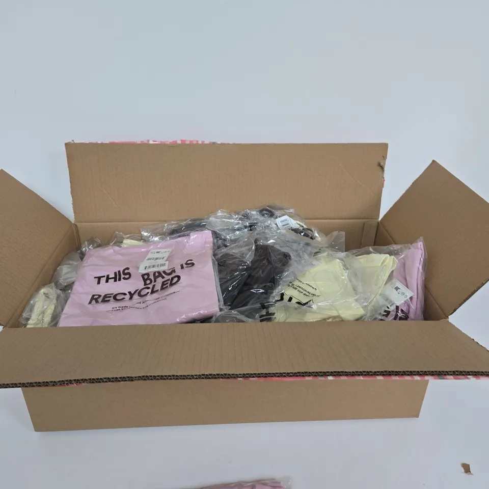 BOX OF APPROXIMATELY 20 ASSORTED CLOTHING ITEMS TO INCLUDE: PINK COTTON ON TOP