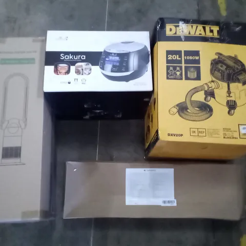 PALLET OF ASSORTED ITEMS INCLUDING MULTIFUNCTIONAL RICE COOKER, AIR MULTIPLIER TOWER FAN, DEWALT SHOP VAC, LED CEILING LAMP, AIR FRYER  