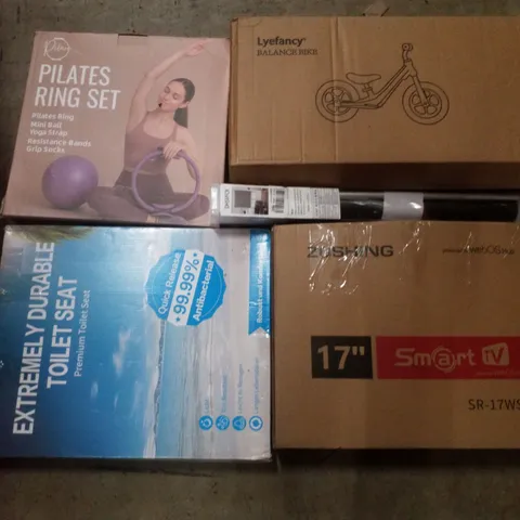 PALLET CONTAINING ASSORTED PRODUCTS INCLUDING PILATES RING SET, BALANCE BIKE, ROLLER BLIND, TOILET SEAT & 17" MONITOR