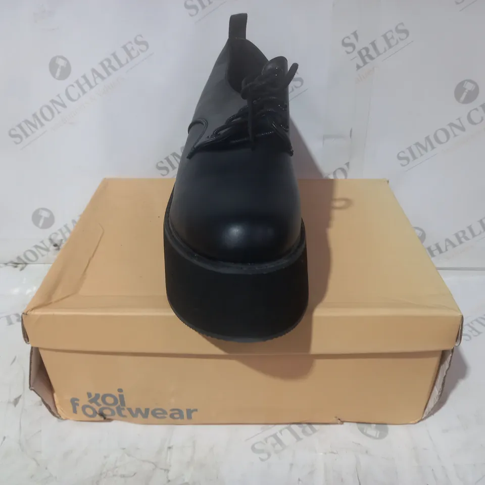 BRAND NEW BOXED PAIR OF KOI VEGAN LEATHER DOJIN FLATFORM LACE UP SHOES IN BLACK UK SIZE 8