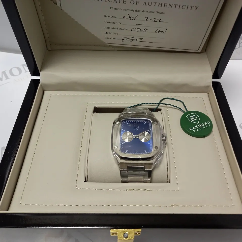 MENS RAYMOND GAUDIN WATCH – MULTI FUNCTION DIAL – STAINLESS CASE & STRAP – 5ATM WATER RESISTANT - WOODEN GIFT BOX
