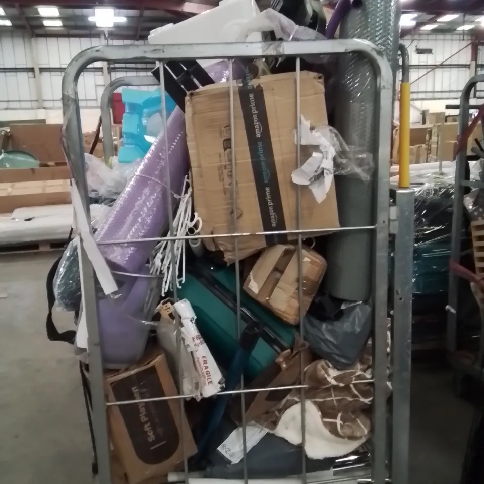 CAGE OF ASSORTED HOUSEHOLD GOODS AND PRODUCTS TO INCLUDE;PLAYPEN,DUMBBELL,SUITCASE,YOGA MATS 