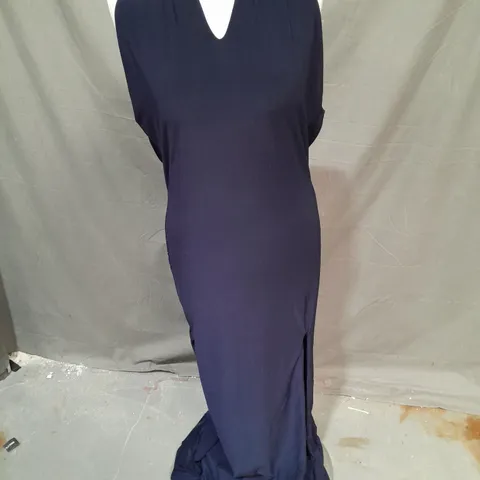 CLUB LONDON STAR QUALITY HALTER NECK OPEN BACK SPLIT MAXI DRESS IN NAVY SIZE 12