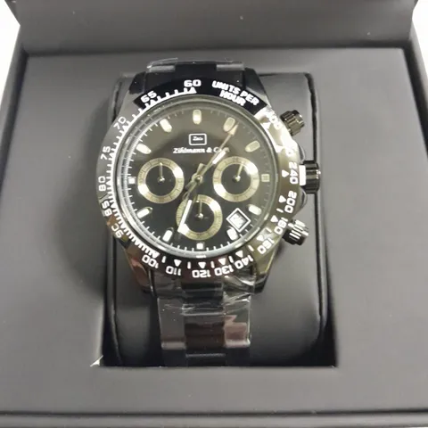 MENS ZIHLMANN & CO BLACK DIAL CHRONOGRAPH WATCH WITH STAINLESS STEEL CASE AND STRAP IN GIFT BOX