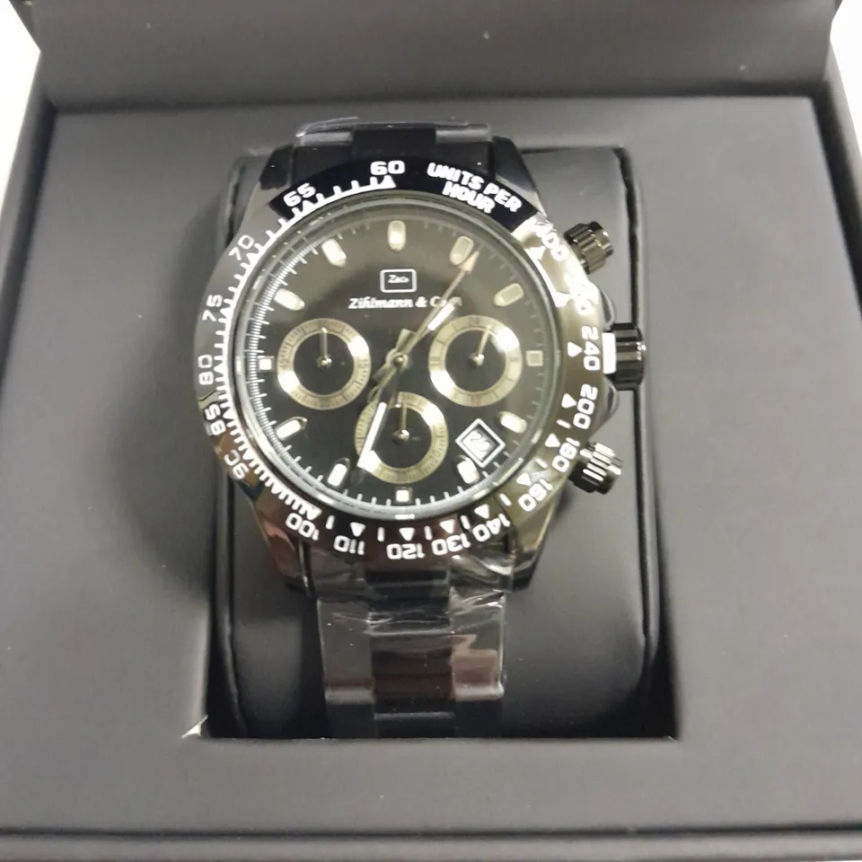 MENS ZIHLMANN & CO BLACK DIAL CHRONOGRAPH WATCH WITH STAINLESS STEEL CASE AND STRAP IN GIFT BOX
