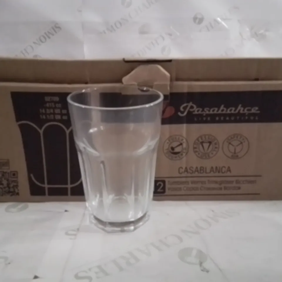 BOXED PASABAHCE HI BALL GLASSES APPROXIMATELY 12