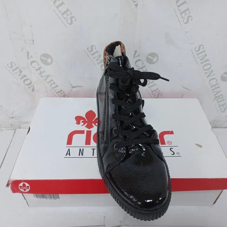 BOXED PAIR OF RIEKER BLACK HIGH TOP CUFFED TRAINERS - SIZE 8