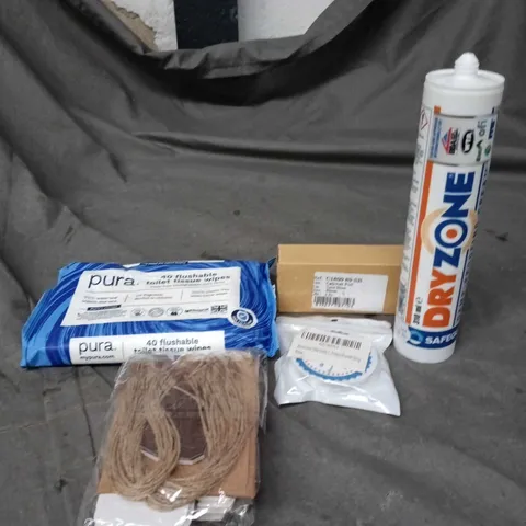 APPROXIMATELY 15 ASSORTED HOUSEHOLD ITEMS TO INCLUDE DRYZONE DAMP PROOFING CREAM, FLUSHABLE TOILET TISSUE WIPES AND SMALL CARD BOXES WITH STRING