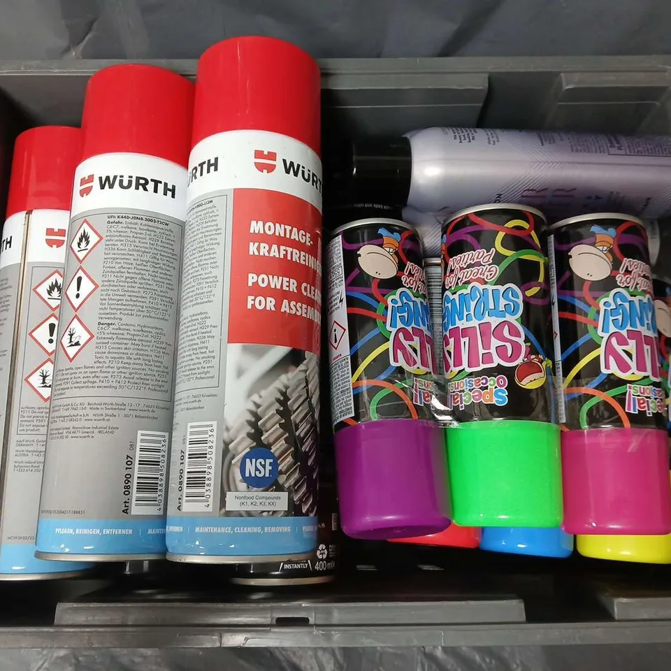 APPROXIMATELY 15 ASSORTED AEROSOLS TO INCLUDE SILLY STRING, HAIR TEXTURE SPRAY, RAPTOR PROTECTIOVE COATING (400ml), ETC - COLLECTION ONLY