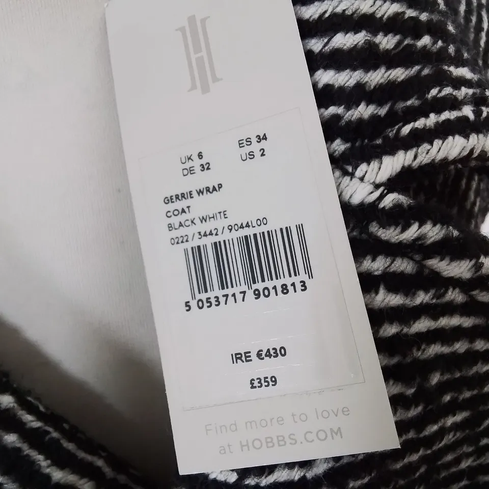 HOBBS LONDON GERRIE WRAP COAT IN BLACK/WHITE - UK 6