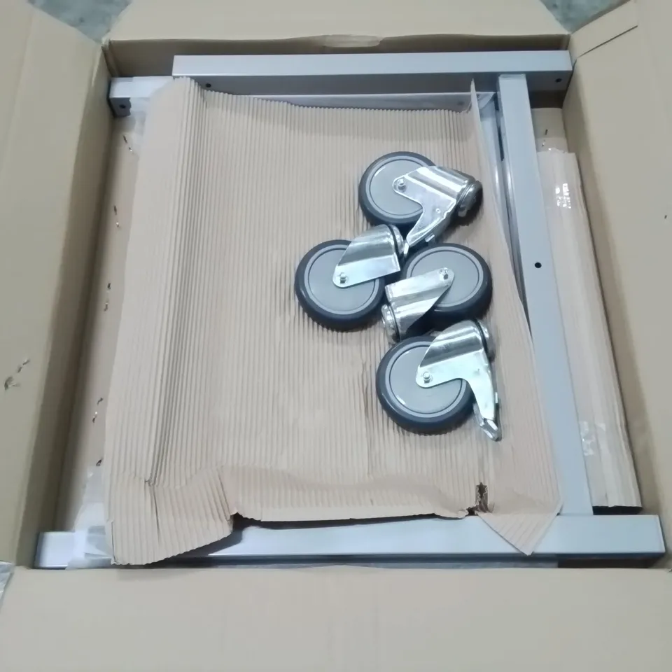 BOXED GREY METAL FRAME WORKBENCH ON WHEEL
