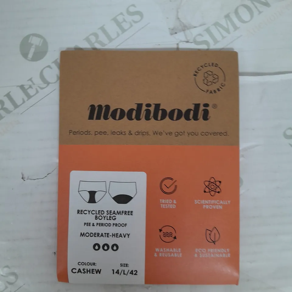 MODIBODI RECYCLED SEAMFREE BOYLEG PERIOD UNDERWEAR MODERATE-HEAVY IN CASHEW SIZE 14