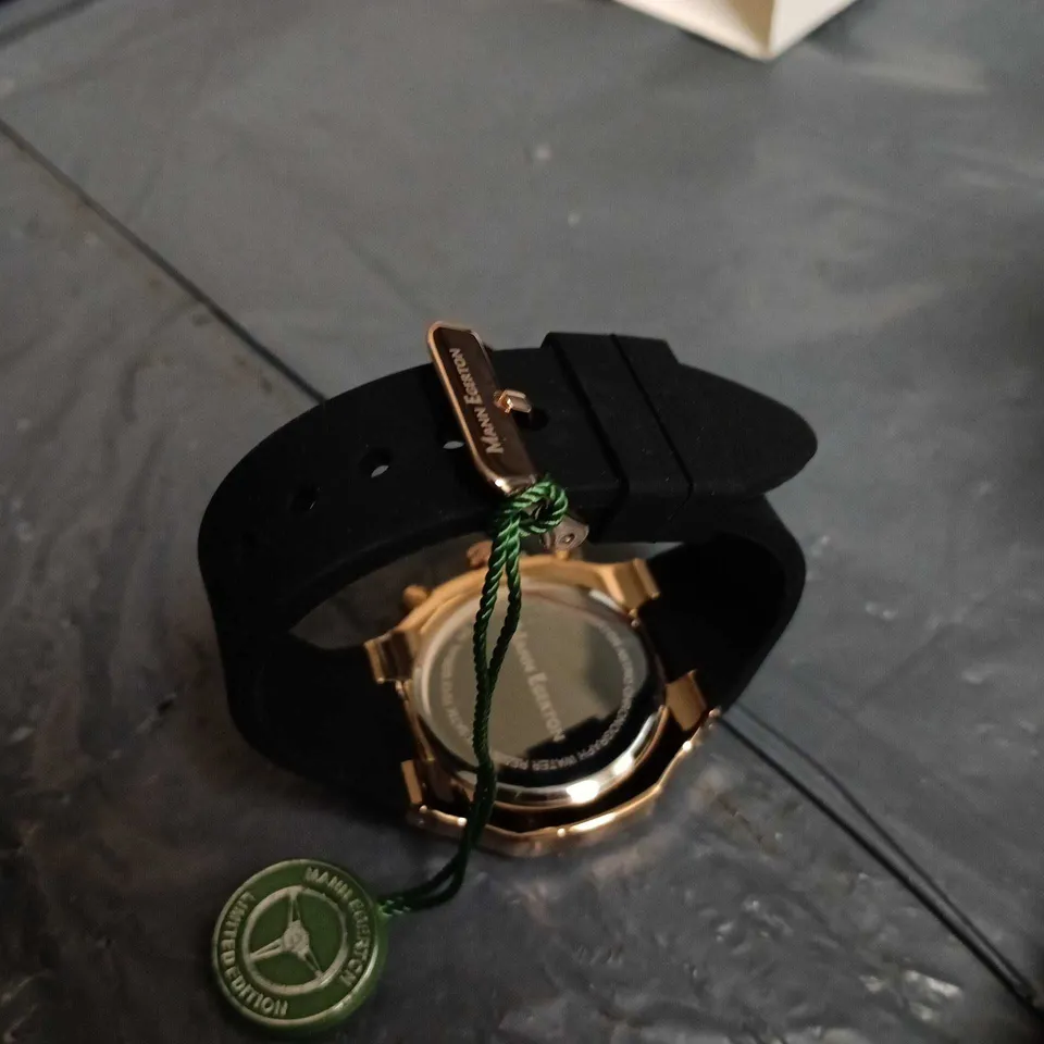 MANN EGERTON CHRONOGRAPH WRISTWATCH – ROSE GOLD TONE CASE, BLACK STRAP, BOXED