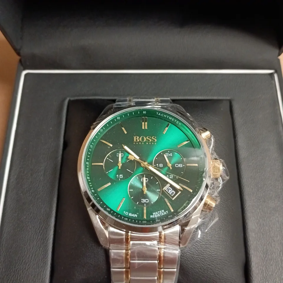 BOXED HUGO BOSS CHRONOGRAPH WRISTWATCH – GREEN DIAL, TWO-TONE STAINLESS STEEL & GOLD-TONE BRACELET