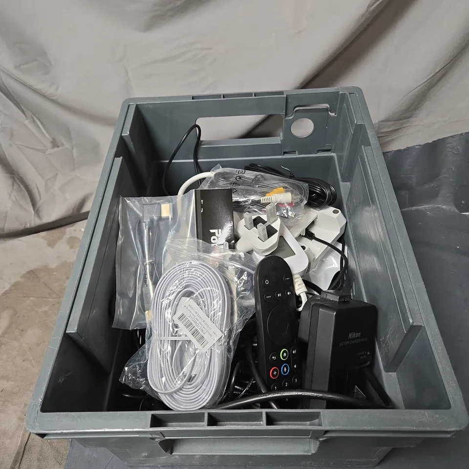 APPROXIMATELY 12 ASSORTED ITEMS TO INCLUDE SKY REMOTE CONTROL, CABLES, NIKON CHARGER ETC