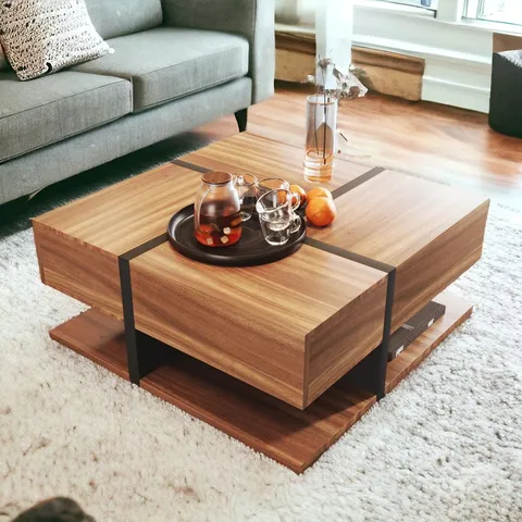 BOXED BENTHALL FLOOR SHELF COFFEE TABLE WITH STORAGE -2 BOXES- BLACK/WOOD