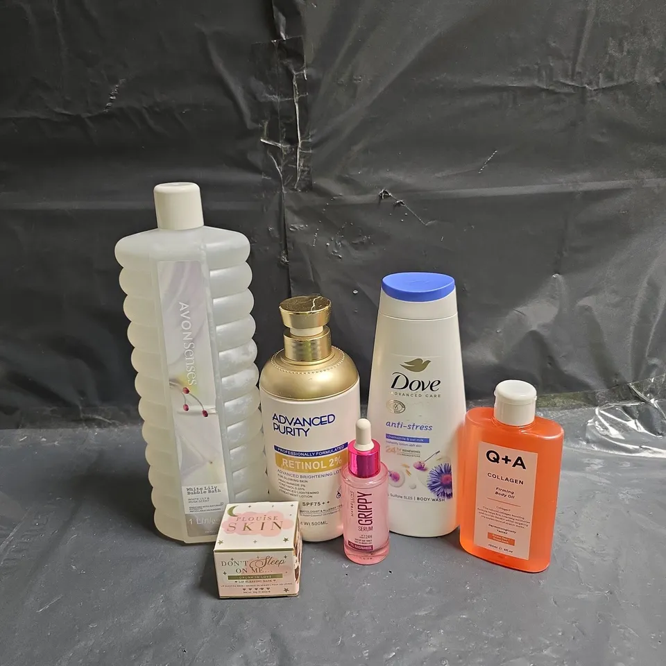 APPROXIMATEY 20 ASSORTED HEALTH AND BEAUTY PRODUCTS TO INCLUDE - DOVE BODY WASH - AVON SENSES BUBBLE BATH AND MAYBELLINE GRIPPY SERUM