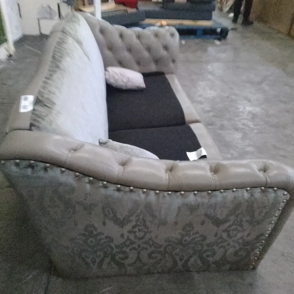 QUALITY DESIGNER 2PCS 3 SEATER SOFA - GREY LEATHER/ GREY PATTERN FABRIC 