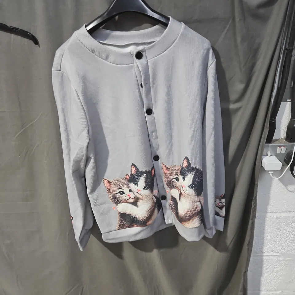 WOMEN'S LIGHT GREY CARDIGAN WITH CAT PRINT – BUTTON FRONT - SIZE UNSPECIFIED 