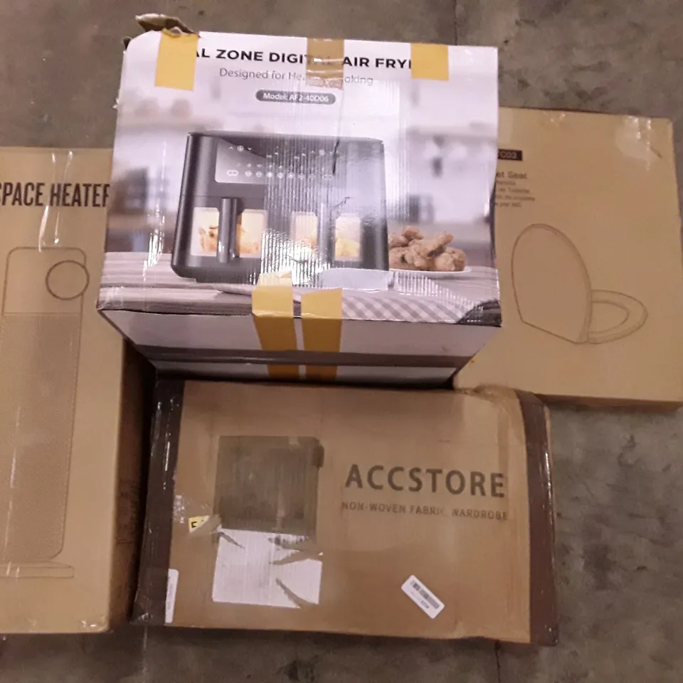 PALLET OF ASSORTED PRODUCTS INCLUDING SPACE HEATER, ACCSTORE NON WOVEN FABRIC WARDROBE, DIGITAL AIR FRYER, TOILET SEAT