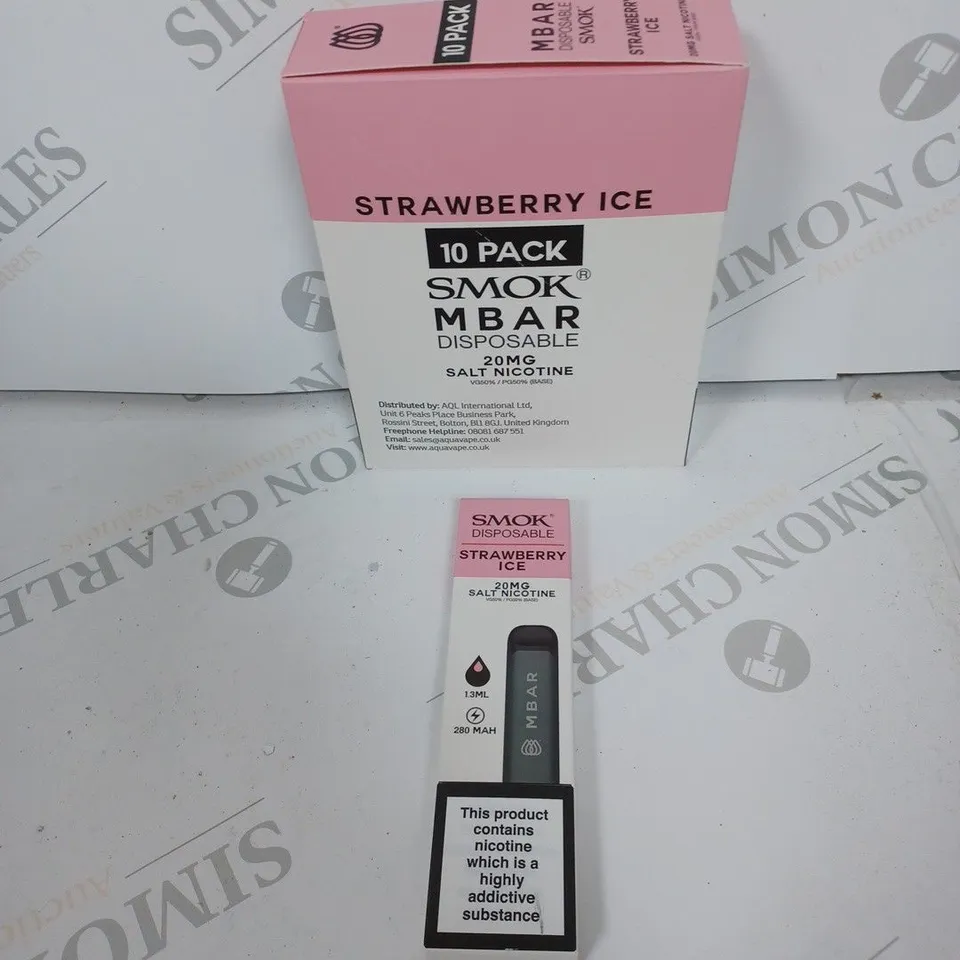 BOX OF APPROXIMATELY 10 BOXES OF STRAWBERY ICE 10 PACK SMOK M BAR DISPOSABLE 20MG SALT NICOTINE