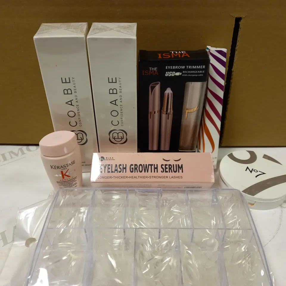 BOX OF APPROX 6 ITEMS TO INCLUDE TROPIC LINE UP LIP PENCIL, NO7 AIRBRUSH AWAY FINISHING POWDER, COABE MAKE UP BRUSH SHAMPOO