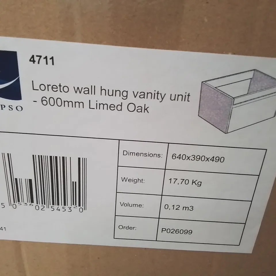 BOXED AS NEW CALYPSO LORETO WALL HUNG VANITY UNIT - 600MM IN LIMED OAK