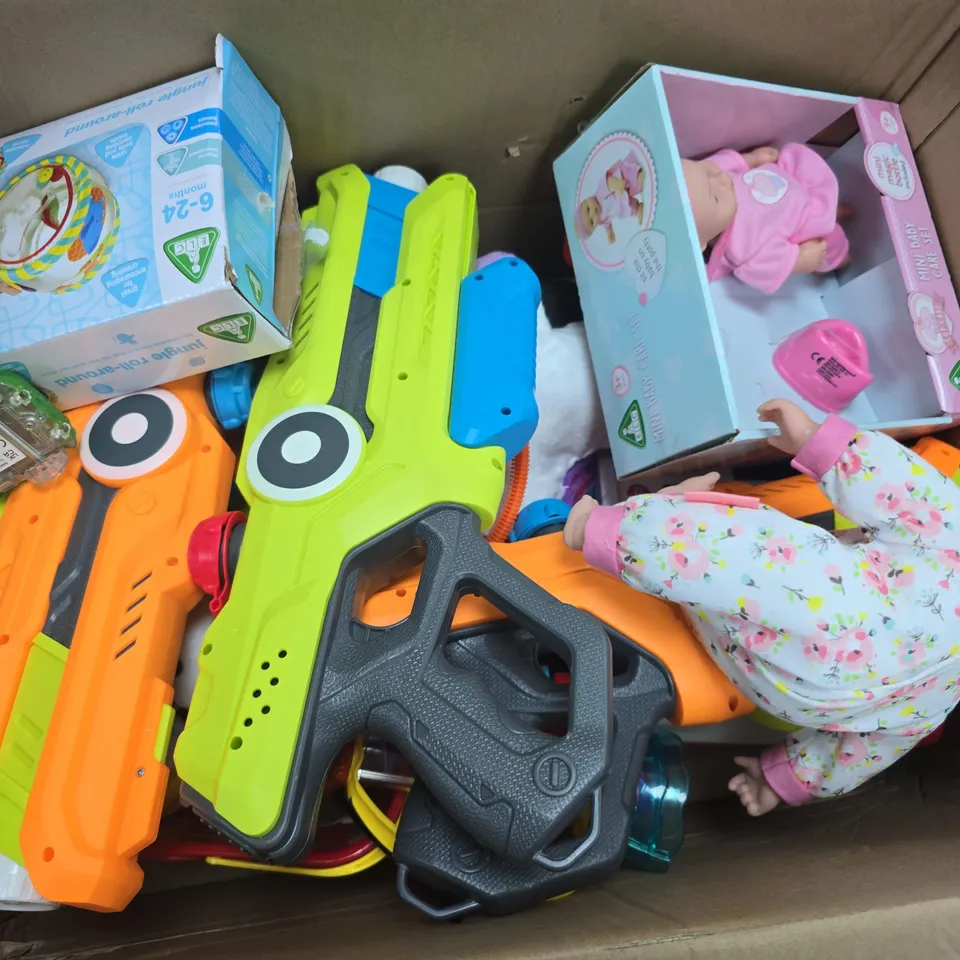 APPROXIMATELY 10 ASSORTED TOYS & GAMES PRODUCTS TO INCLUDE DOLLS, WATER GUNS, PITTER PATTER PETS DOG, ETC