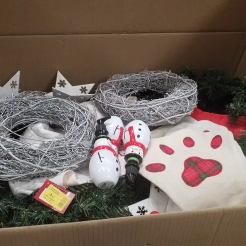 PALLET CONTAINING ASSORTED CHRISTMAS PRODUCTS & DECORATIONS INCLUDING RATTAN WREATHS, SNOWMAN SOAP DISPENSERS, PAW PRINT STOCKINGS & LARGE GREEN WREATHS