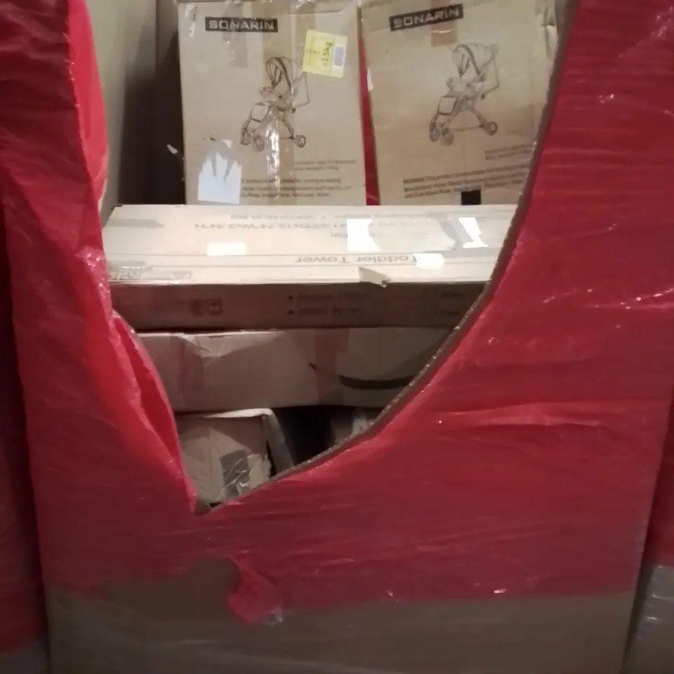 PALLET CONTAINING VARIOUS ASSORTED BOXED HOUSEHOLD ITEMS TO INCLUDE: TODDLER TOWER, KIDS PUSHCHAIRS AREA RUG, AND LOTS MORE UNMARKED BOXED ITEMS 