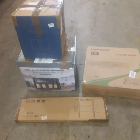 PALLET OF ASSORTED HOUSEHOLD PRODUCTS AND ITEMS, INCLUDING; EXERCISE BIKE, COOKER HOOD, AIR FRYERS, TV WALL MOUNT, BOXED FURNITURE ETC