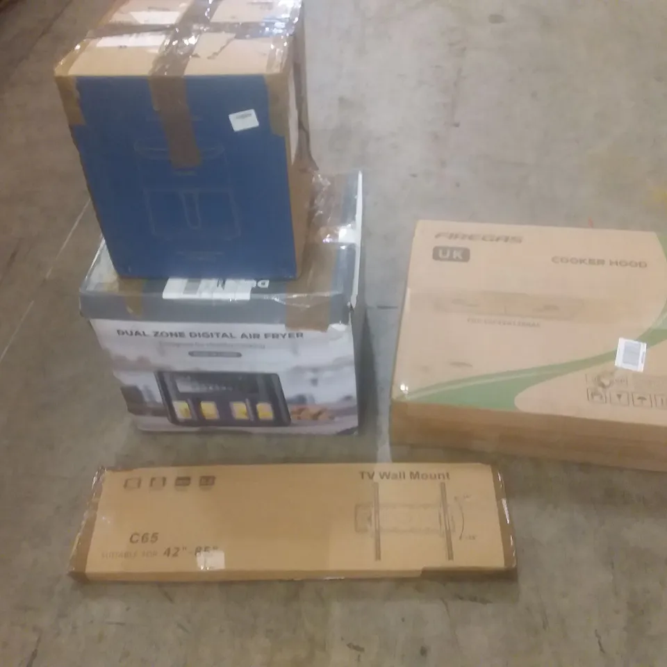PALLET OF ASSORTED HOUSEHOLD PRODUCTS AND ITEMS, INCLUDING; EXERCISE BIKE, COOKER HOOD, AIR FRYERS, TV WALL MOUNT, BOXED FURNITURE ETC 