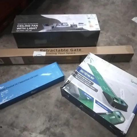 PALLET OF HOUSEHOLD ITEMS TO INCLUDE CEILING FAN WITH LIGHT, RETRACTABLE GATE,AQUA LED LIGHT,GOLF PUTTING MAT AND OTHER ASSORTED ITEMS...