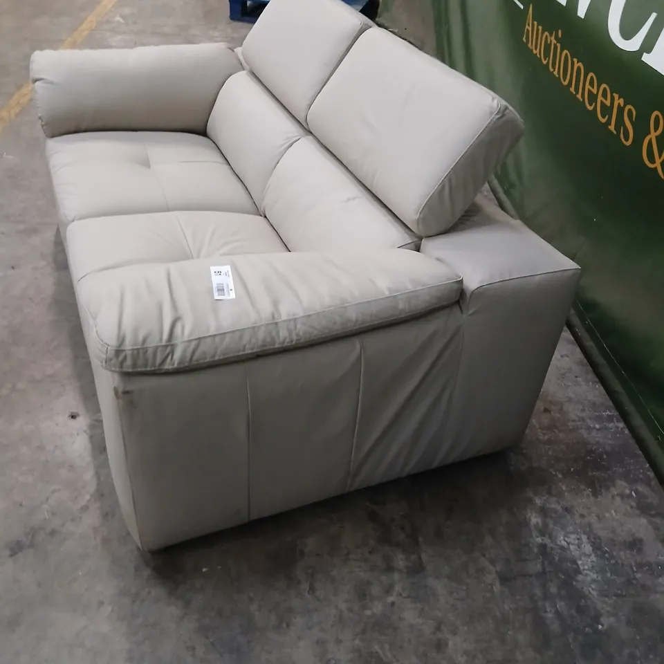 BEIGE LEATHER-LOOK UPHOLSTERED SOFA WITH PLUSH CUSHIONS