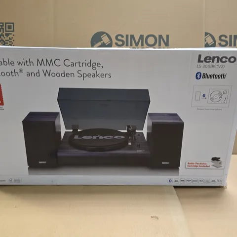 BOXED LENCO LS-300BK BELT DRIVE TURNTABLE WITH BLUETOOTH AND WOODEN SPEAKER