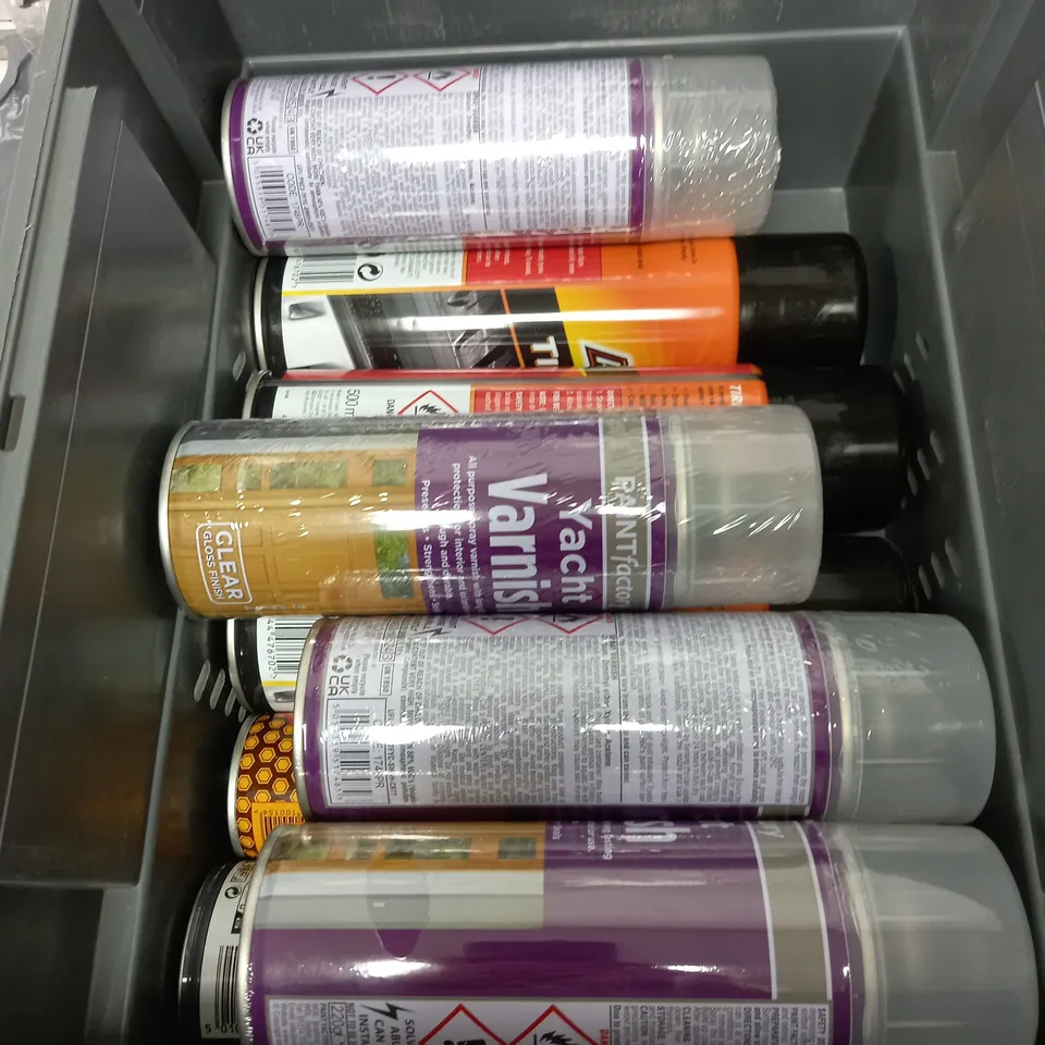BOX OF APPROXIMATELY 10 ASSORTED AEROSOLS TO INCLUDE - PAINTFACTORY YACHT VARNISH - ARMOURALL TIRE FOAM - HOLTS EGR & CARB CLEANER - ETC - COLLECTION ONLY