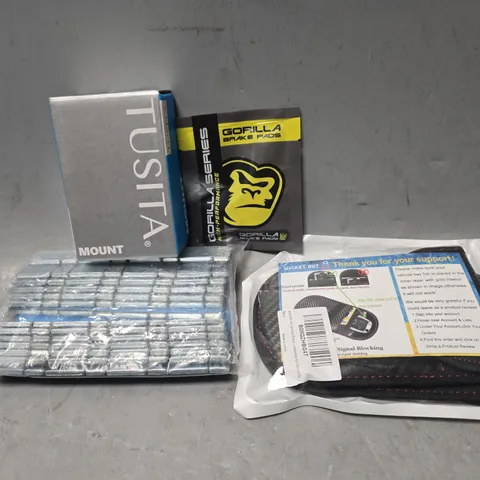 APPROXIMATELY 10 ASSORTED ITEMS TO INCLUDE - GORILLA BRAKE PADS , TUSITA MOUNT , WHEEL BALANCING WEIGHTS ETC