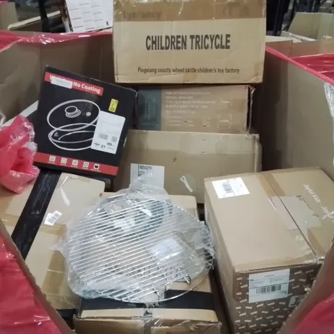 PALLET CONTAINING VARIOUS ASSORTED BOXED HOUSEHOLD ITEMS TO INCLUDE: COOKWARE SET, CHILDREN'S TRICYCLE, CHEST OF DRAWERS, KIDS BOOSTER SEAT AND LOTS MORE UNMARKED BOXED ITEMS