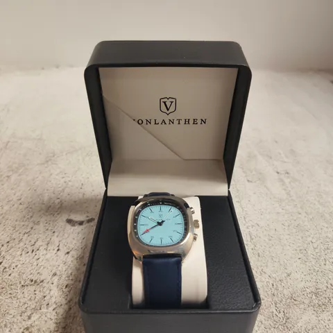VONLANTHEN WRISTWATCH – TURQUOISE DIAL, BLUE LEATHER STRAP, BOXED