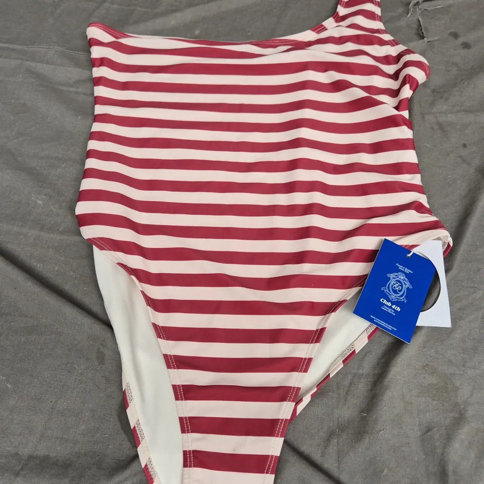 CLUB 4TH ONE SHOULDER SWIMSUIT - RED AND CREAM STRIPES - SIZE 16
