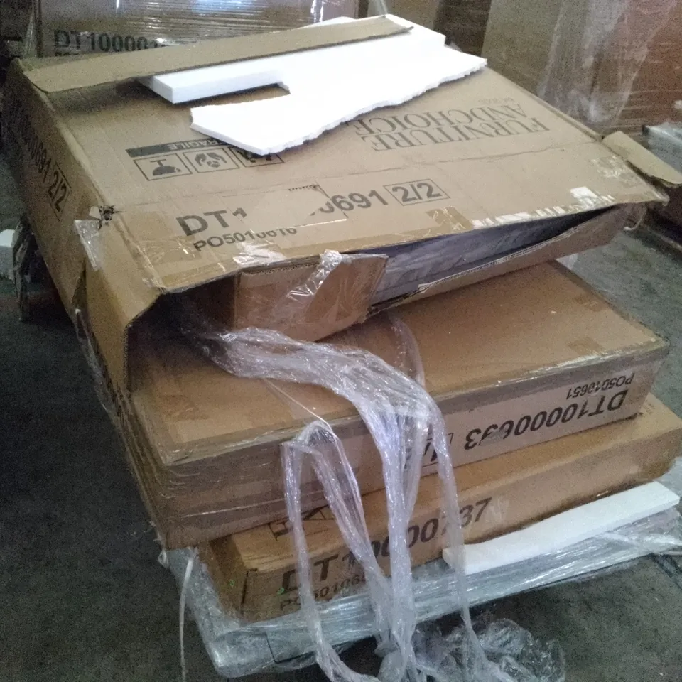 PALLET OF ASSORTED FLAT PACK DINING TABLE PARTS 