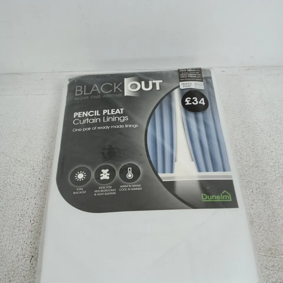 DUNELM BLACKOUT PENCIL PLEAT CURTAIN LININGS – ONE PAIR (PACKAGED)