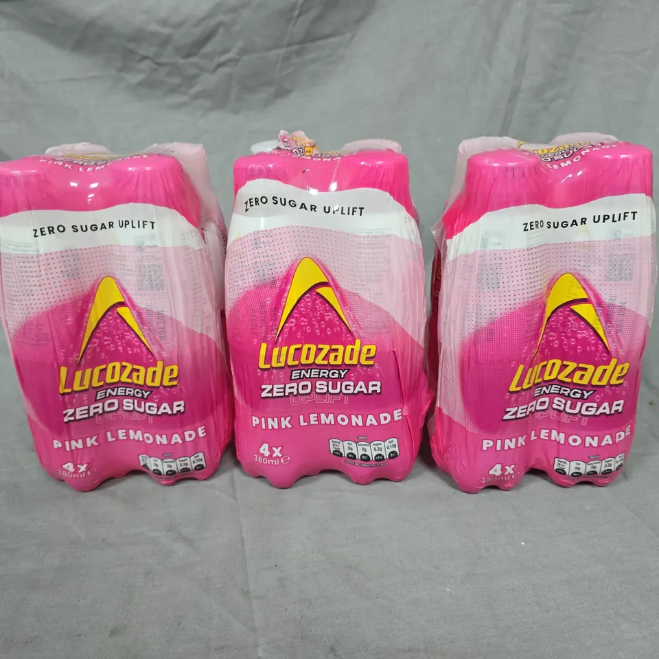 LOT OF 3 4-PACKS OF LUCOZADE PINK LEMONADE ZERO SUGAR - 4 X 380ML EACH