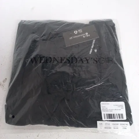 WEDNESDAY'S GIRL POPLIN RUFFLE TIE-BACK MIDAXI DRESS – BLACK, SIZE L