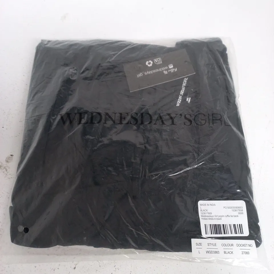 WEDNESDAY'S GIRL POPLIN RUFFLE TIE-BACK MIDAXI DRESS – BLACK, SIZE L