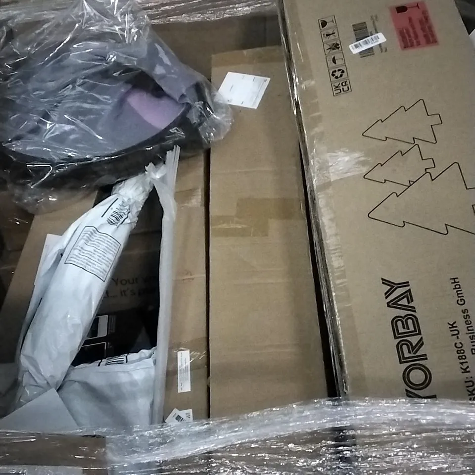 PALLET OF ASSORTED ITEMS INCLUDING KINZO FOLDABLE STORAGE CART, KING SIZE AIR MATTRESS, 28CM FRYING PAN, DAILYSWEE STAND MIXER AND SLIDING BARN DOOR HARDWARE